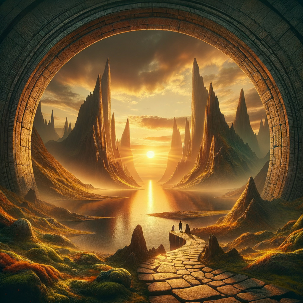 Fantasy Landscape with Stone Archway and Sunset
