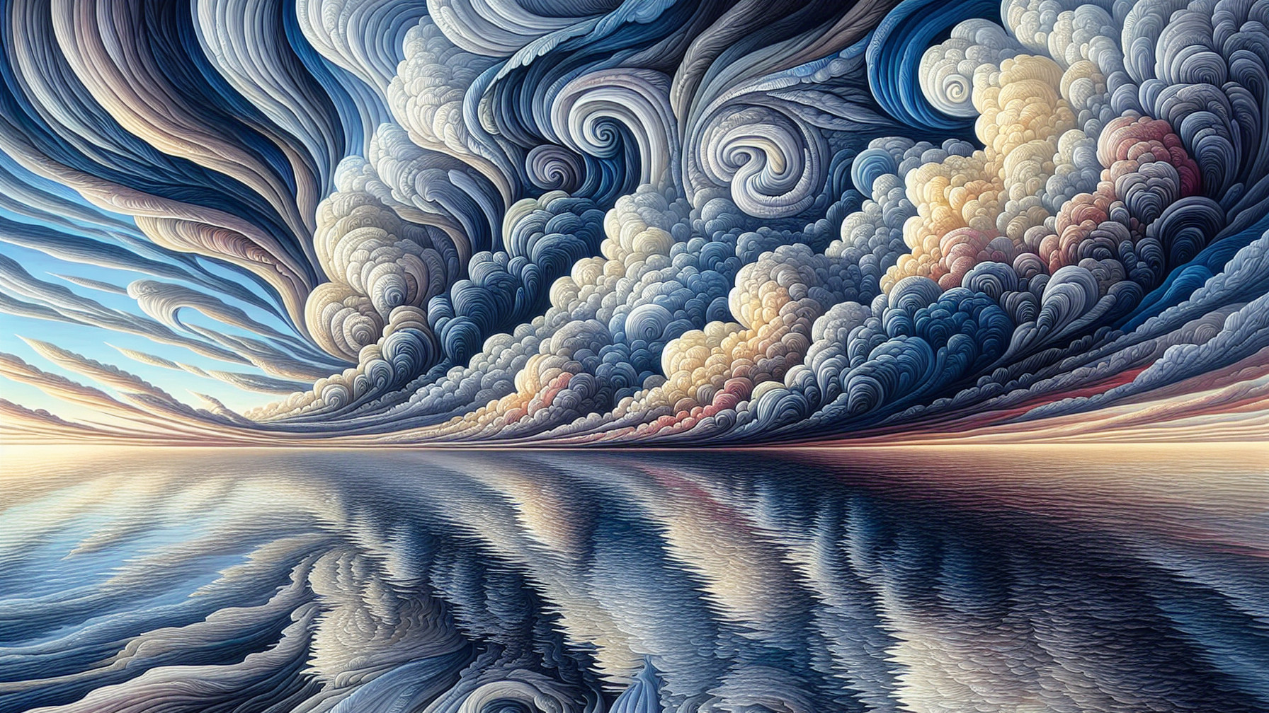 Swirling Clouds and Reflective Water in Seascape