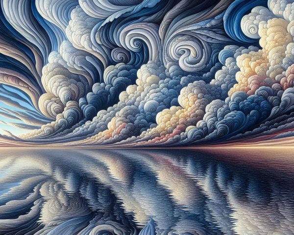 Swirling Clouds and Reflective Water in Seascape