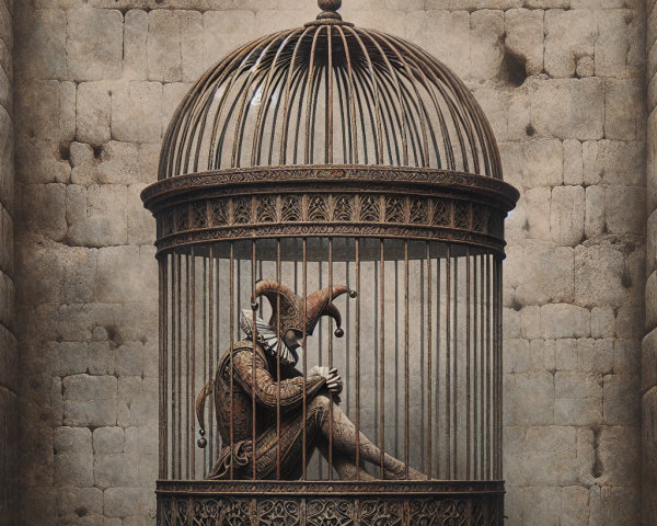 Vintage Birdcage with Jester on Stone Wall Background
