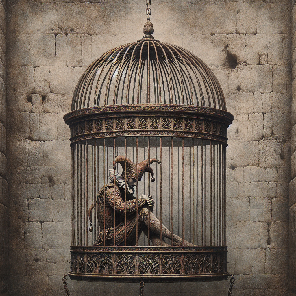 Vintage Birdcage with Jester on Stone Wall Background