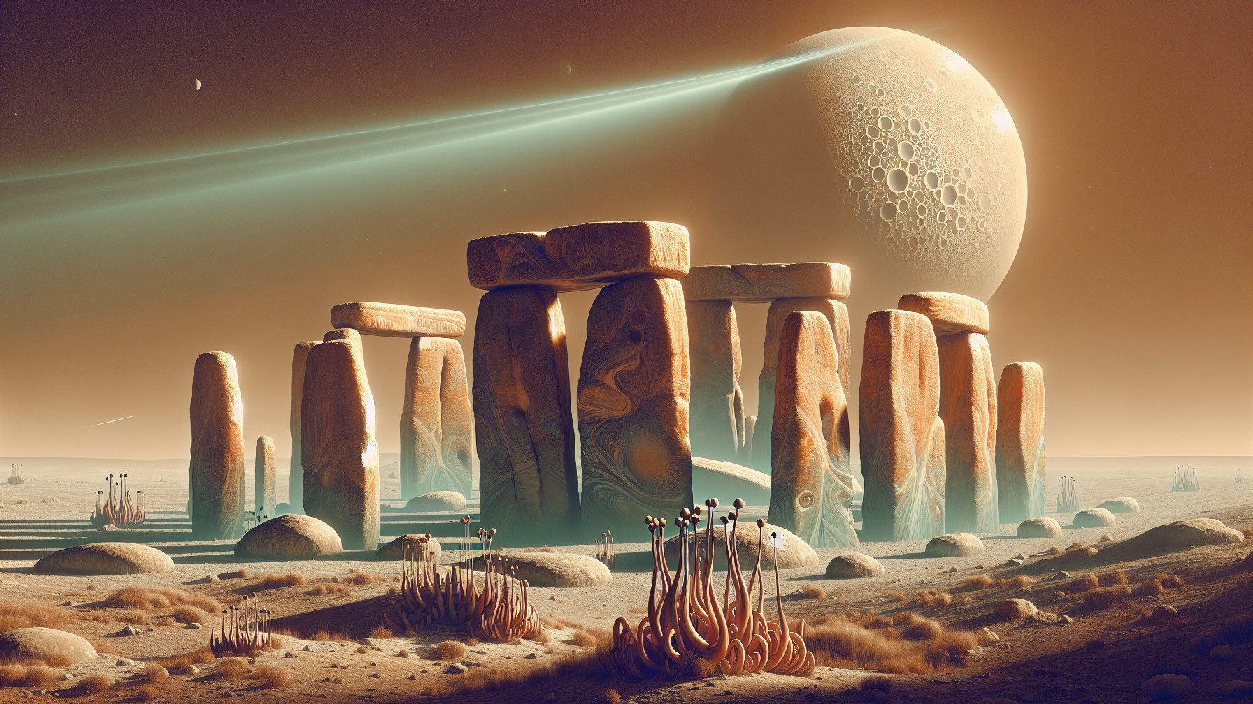 Surreal Stonehenge on an Alien Planet with Unique Flora