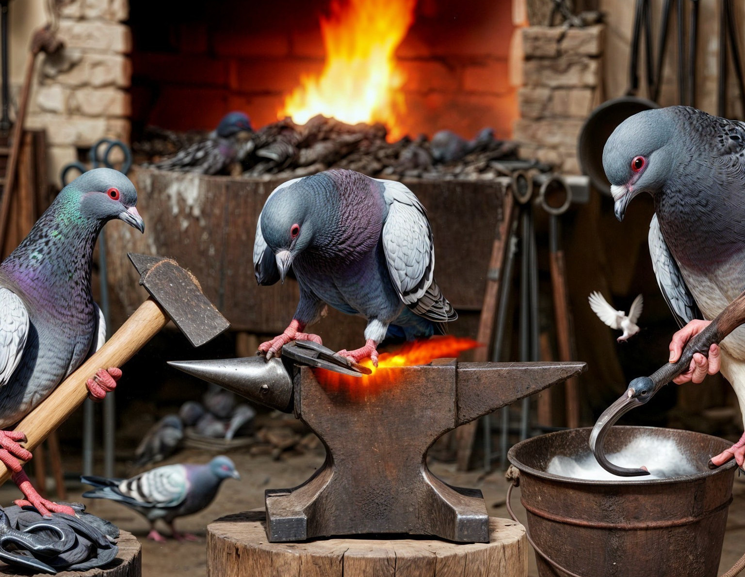 Pigeons Crafting in a Whimsical Blacksmith Shop