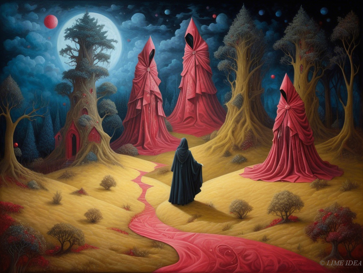 Surreal Landscape with Cloaked Figure and Red Robes
