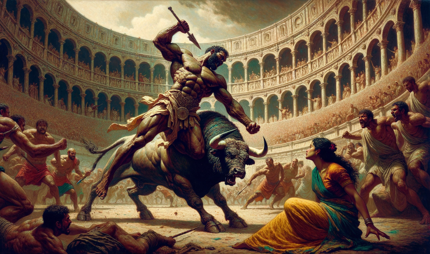 Warrior on Bull in Ancient Arena with Spectators