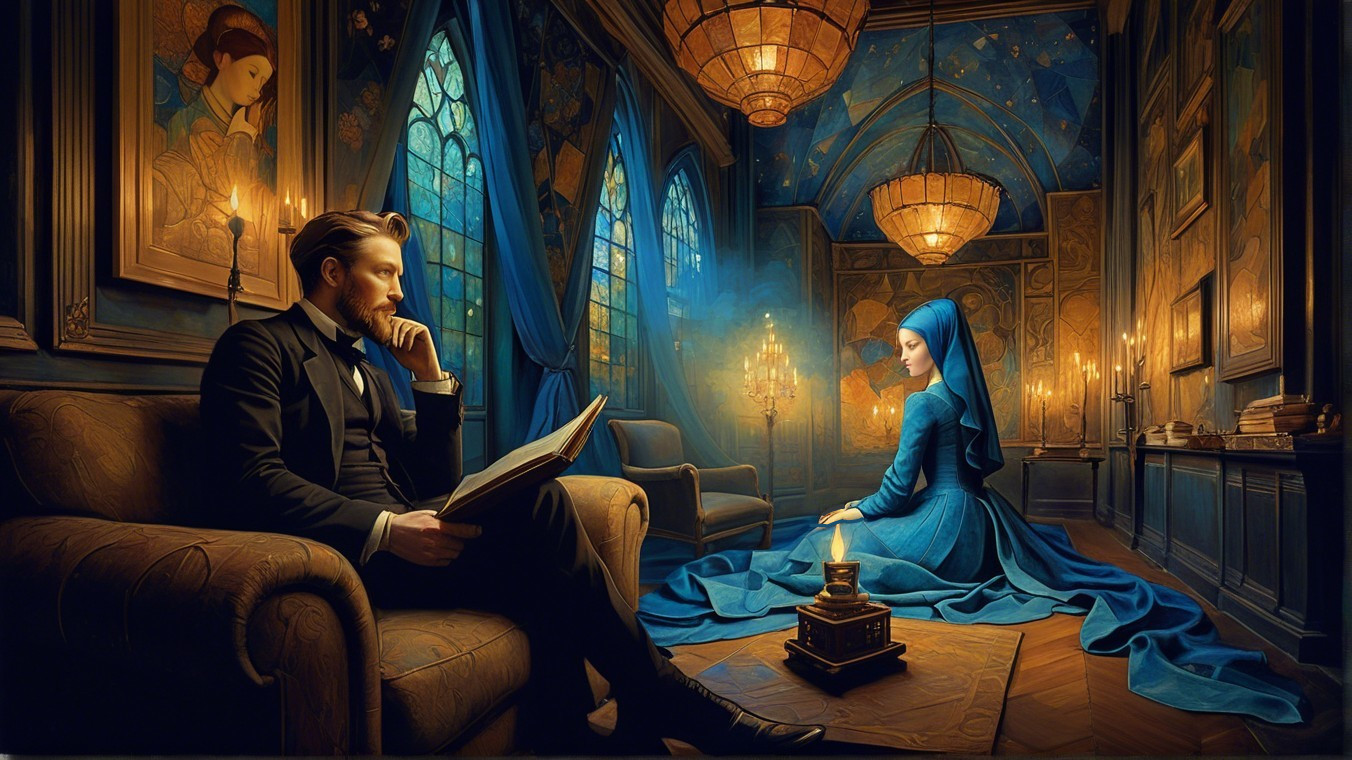 Elegant Room with Tuxedoed Man and Contemplative Woman