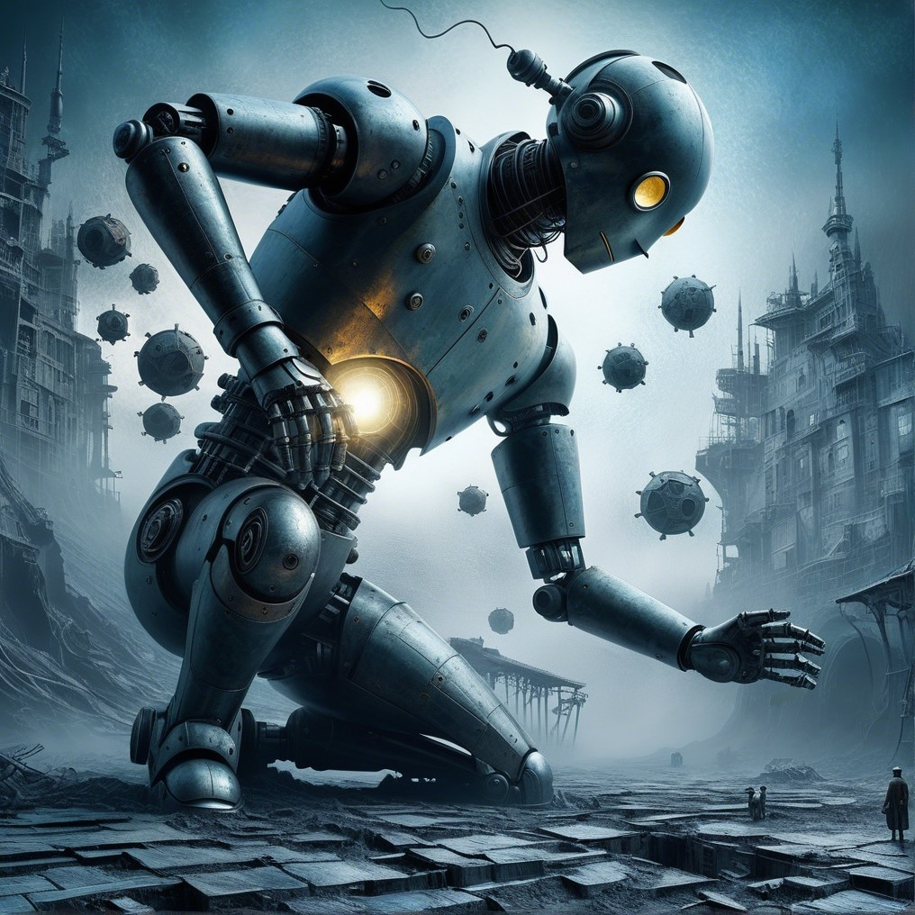 Giant humanoid robot in a dystopian landscape scene