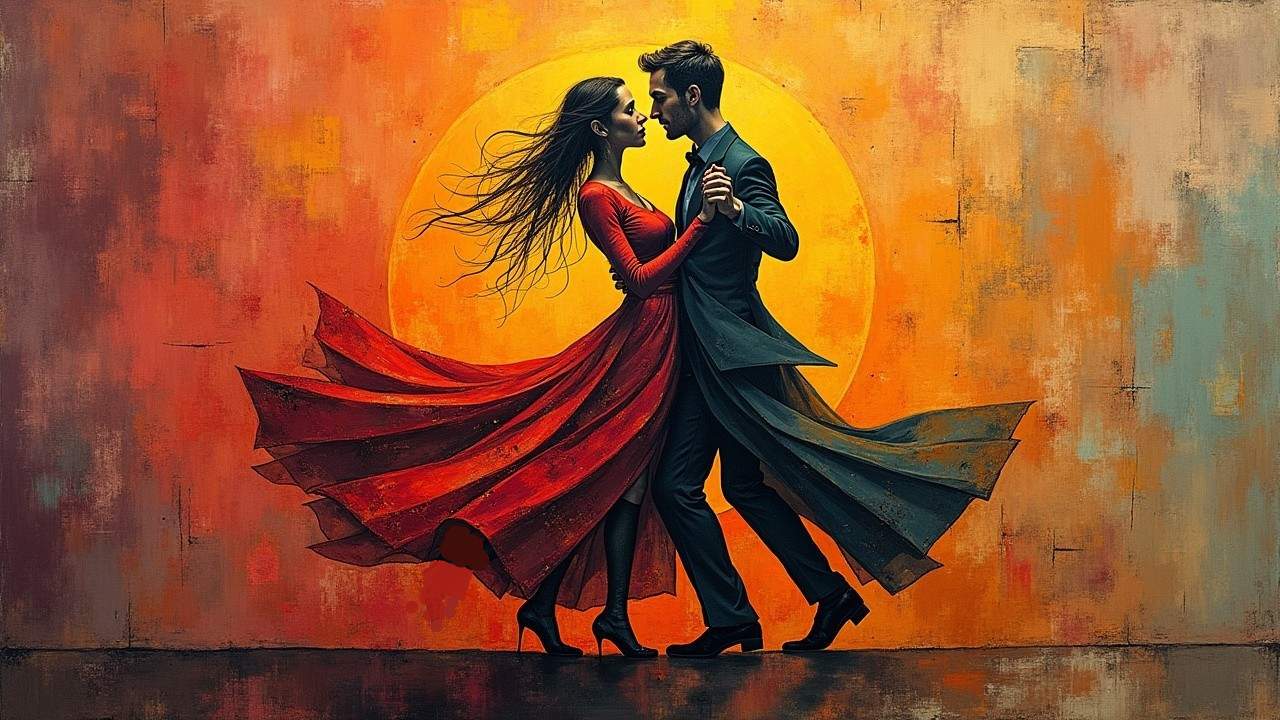 Couple Dancing Against Vibrant Sunset Backdrop