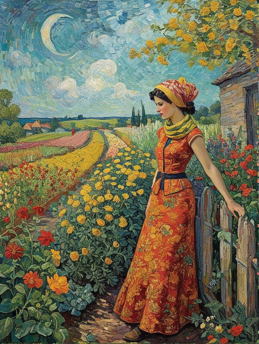 Woman in Floral Dress by Wooden Fence in Blooming Field
