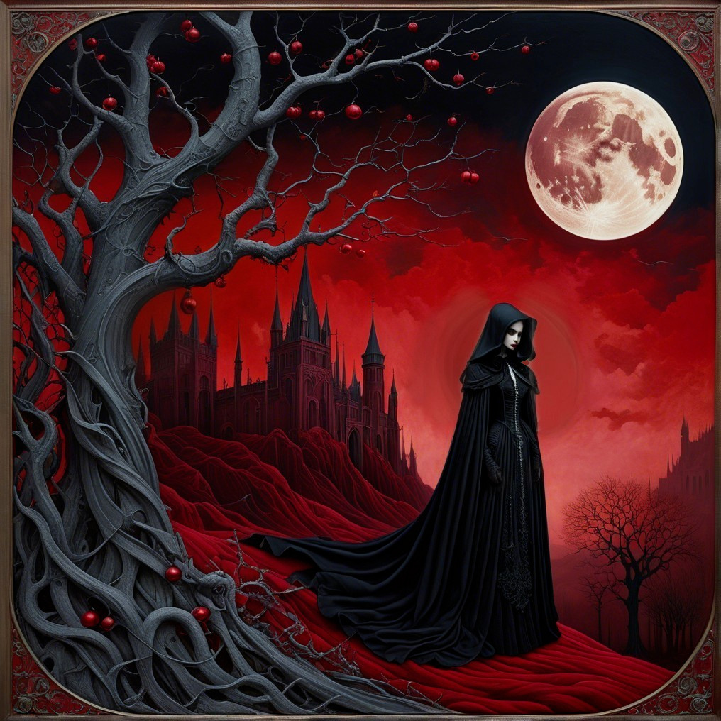 Cloaked Figure in Gothic Landscape with Crimson Sky