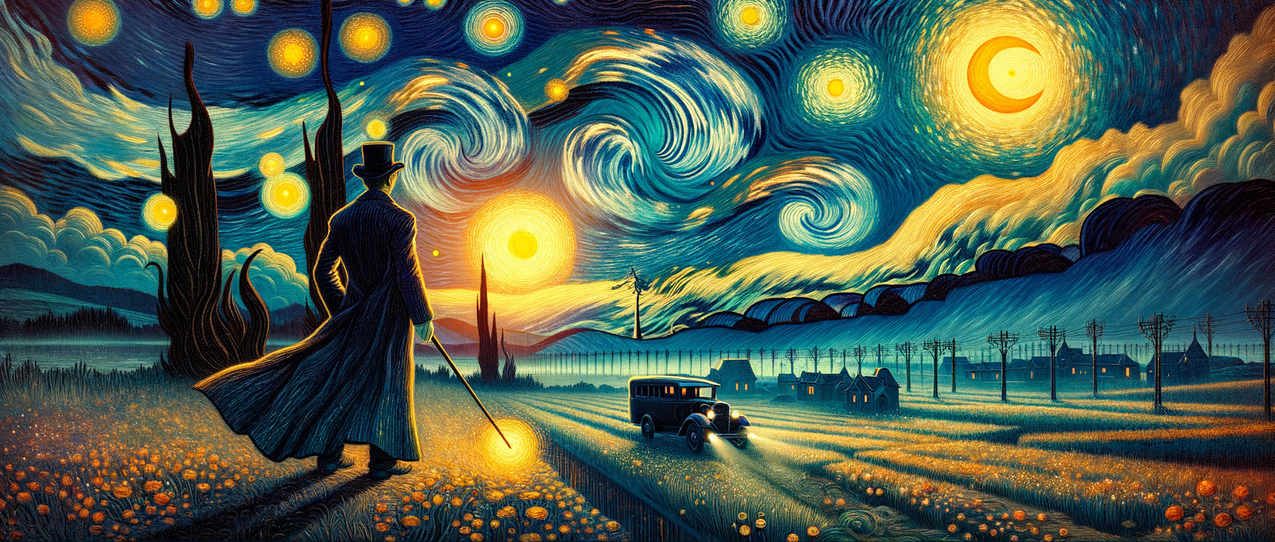 Night Sky Scene with Figure, Flowers, and Vintage Car