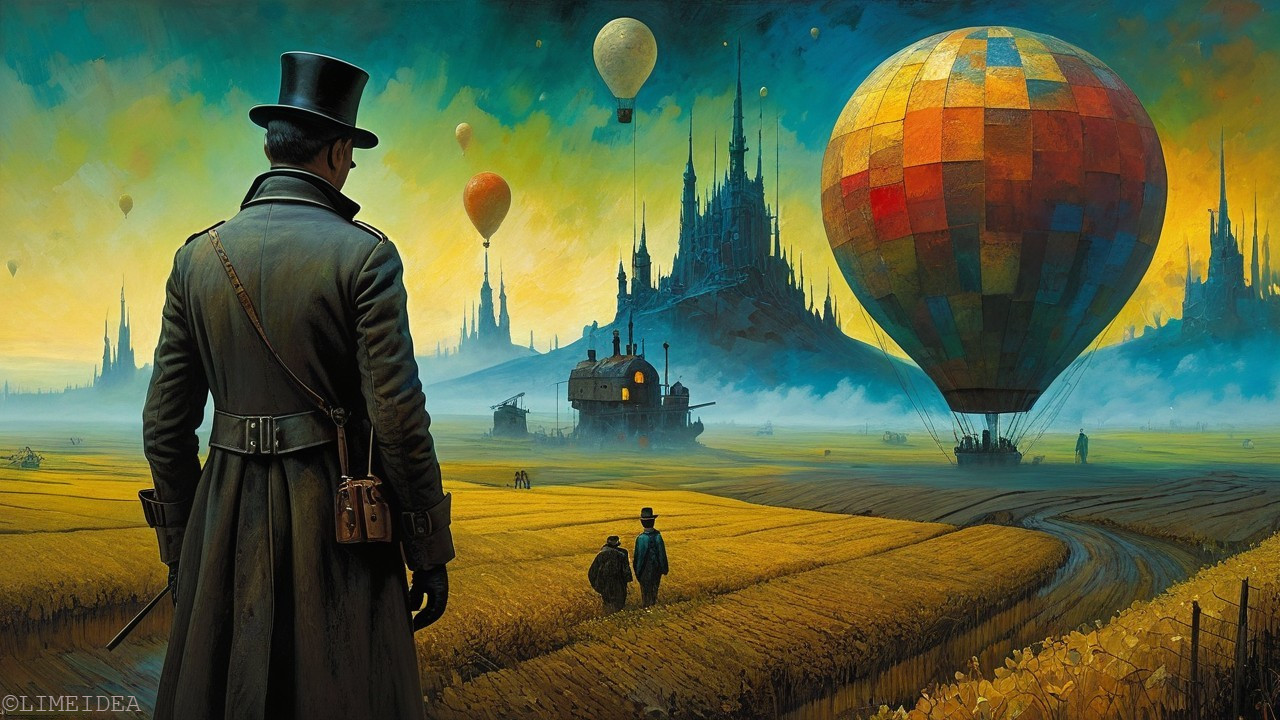 Solitary Figure Overlooks Golden Landscape with Balloons