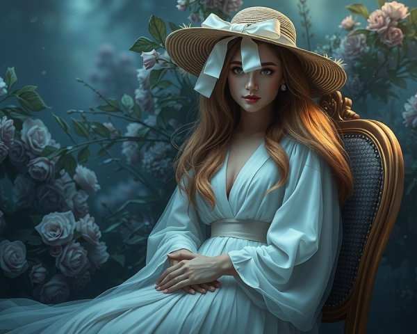 Young Woman in White Gown Amidst Blooming Roses