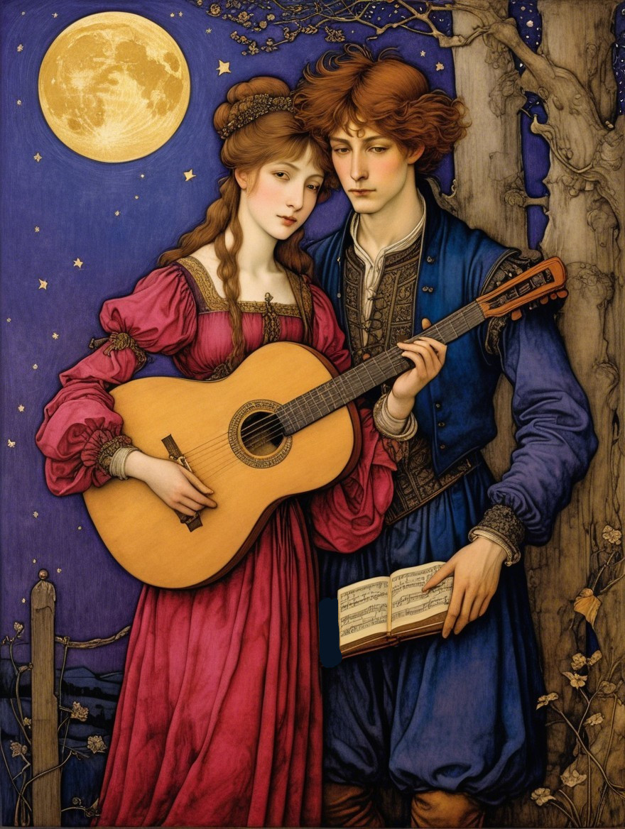 Romantic Night Scene with Couple and Guitar Under Moon