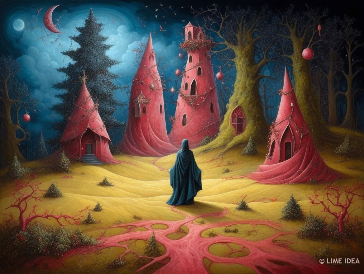 Enchanted forest with red towers and cloaked figure