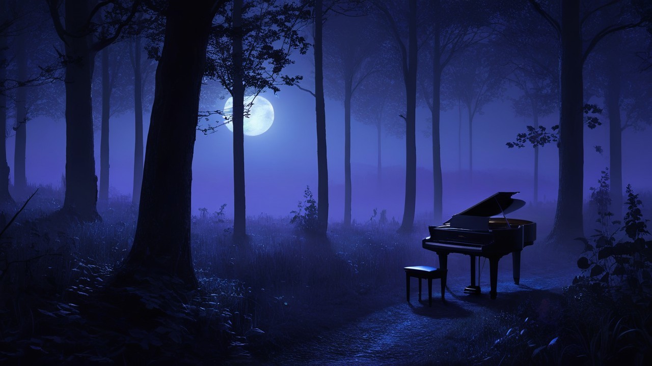 Grand Piano in a Moonlit Forest Setting