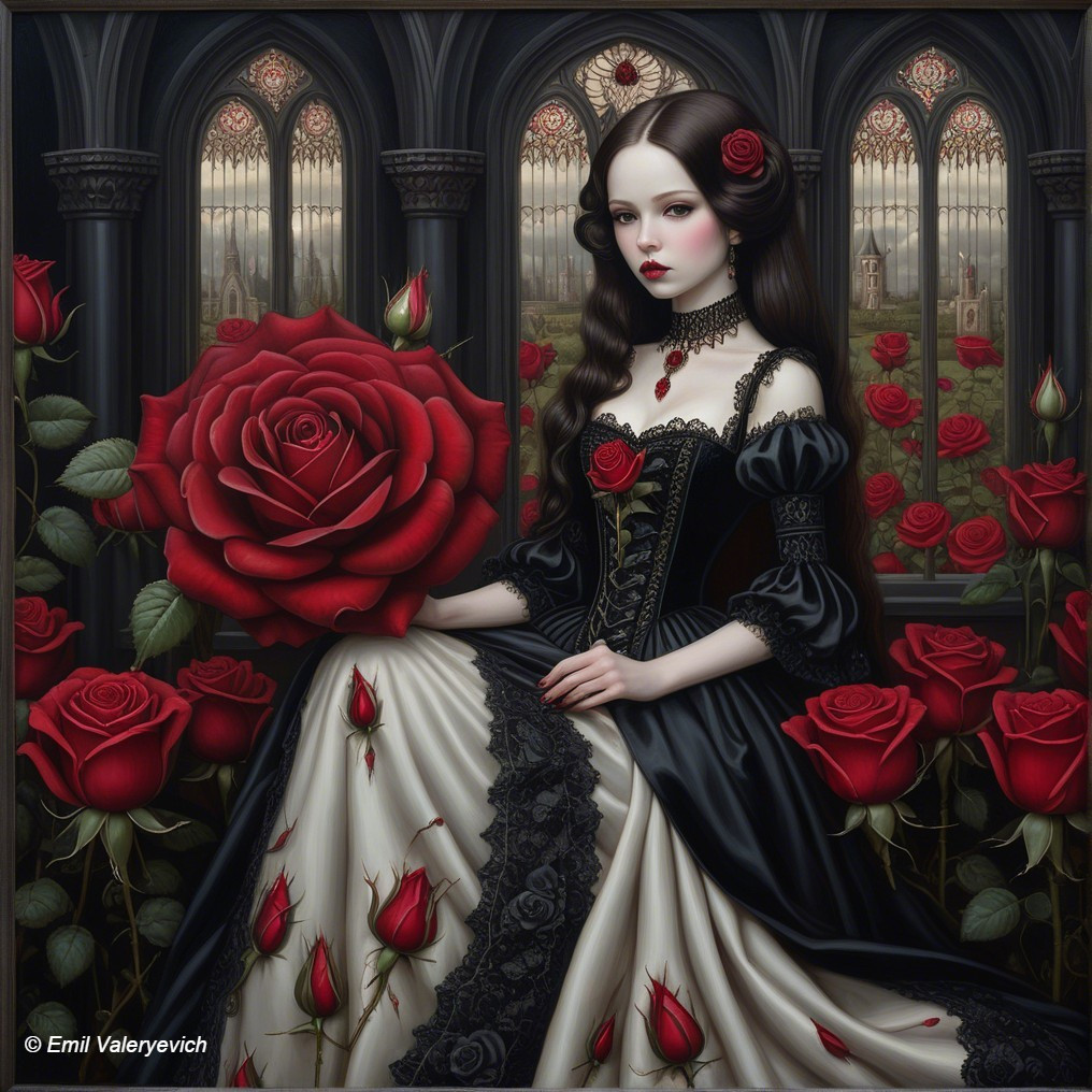 Gothic Portrait of Woman with Red Roses and Lace Gown