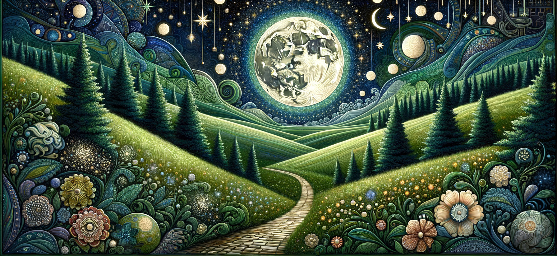 Vibrant Landscape with Moon and Colorful Nail Polishes