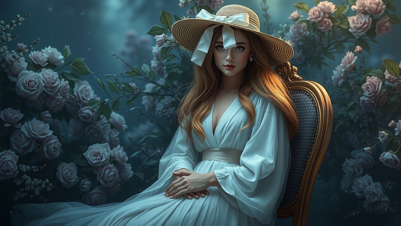 Young Woman in White Gown Amidst Blooming Roses