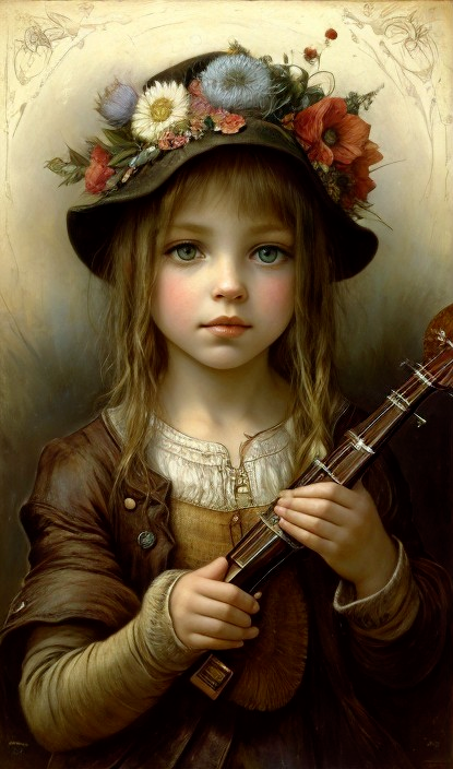 Young girl in floral hat with stringed instrument portrait