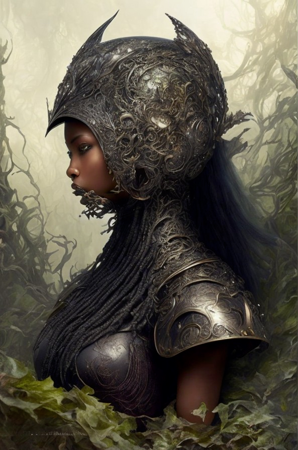 Ornate armored figure among intricate vines and patterns