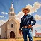 Cowboy in Front of White Church and Blue Sky