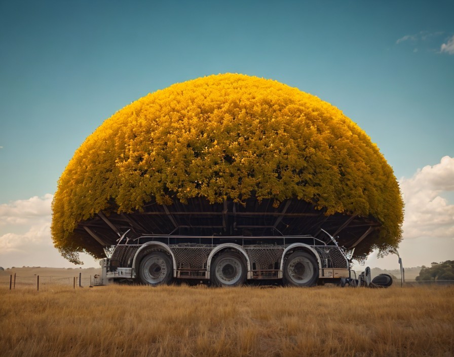Giant Yellow Tree Structure on Vintage Trailer Landscape