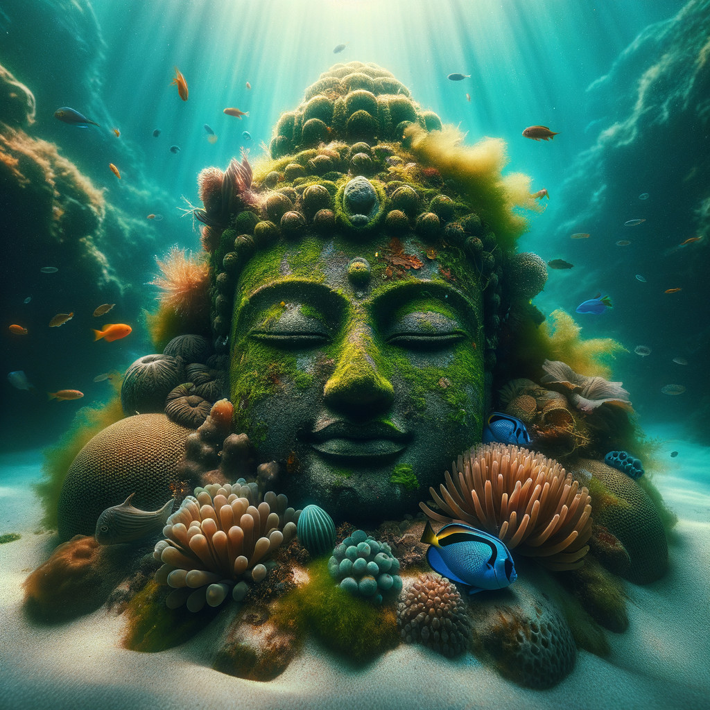 Ancient Buddha Statue Surrounded by Coral Reefs