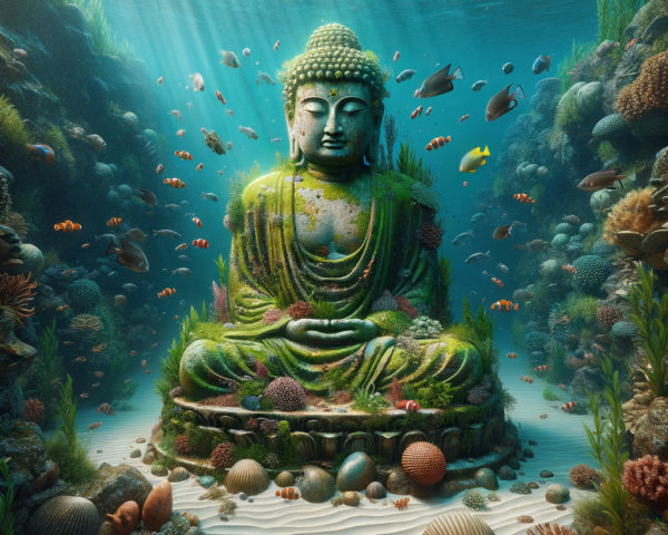 Underwater Buddha Statue Surrounded by Coral Reefs