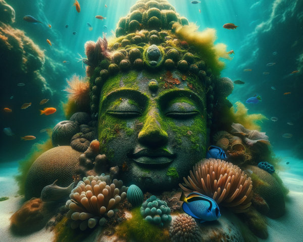 Ancient Buddha Statue Surrounded by Coral Reefs