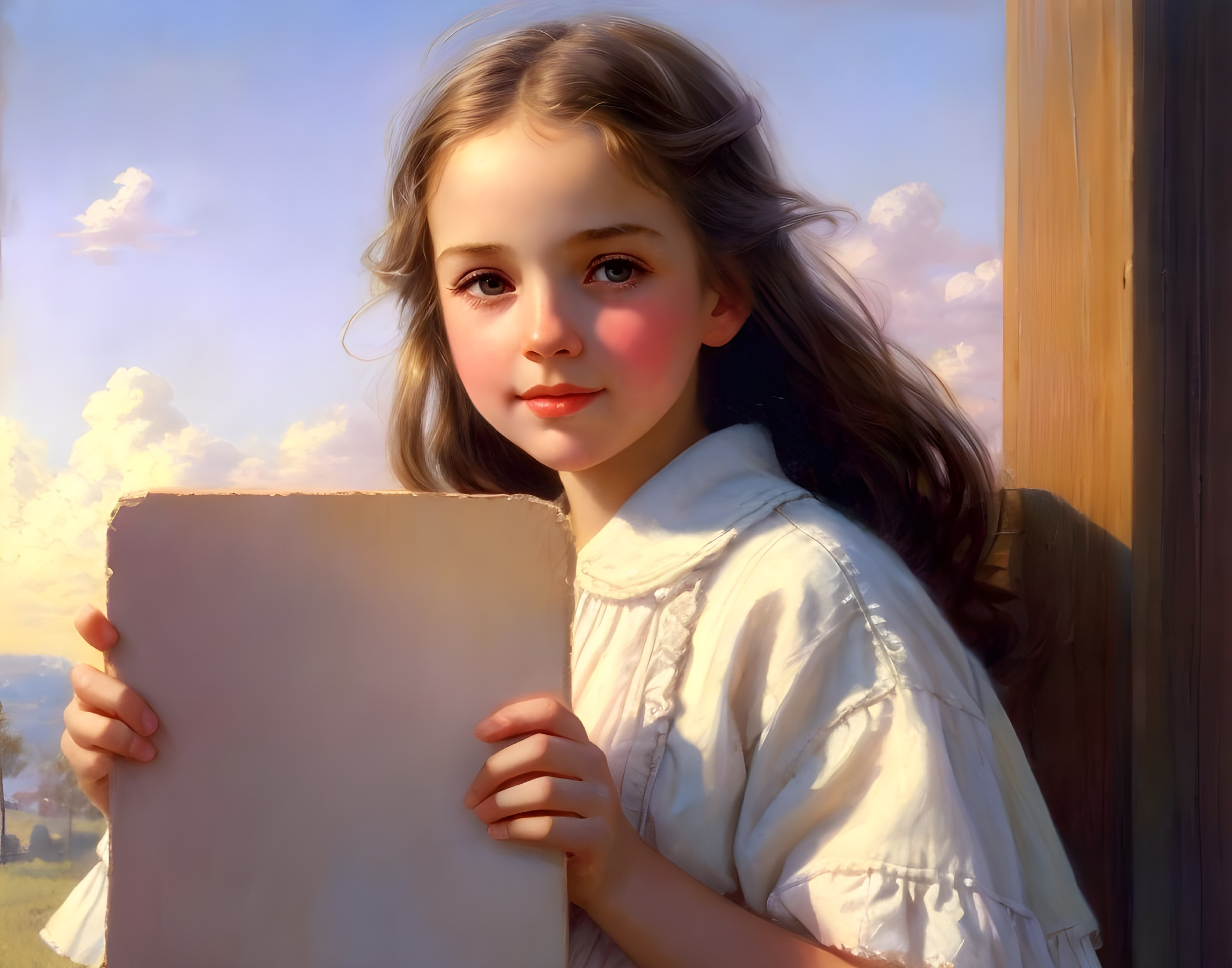 Young Girl with Brown Hair in Serene Landscape