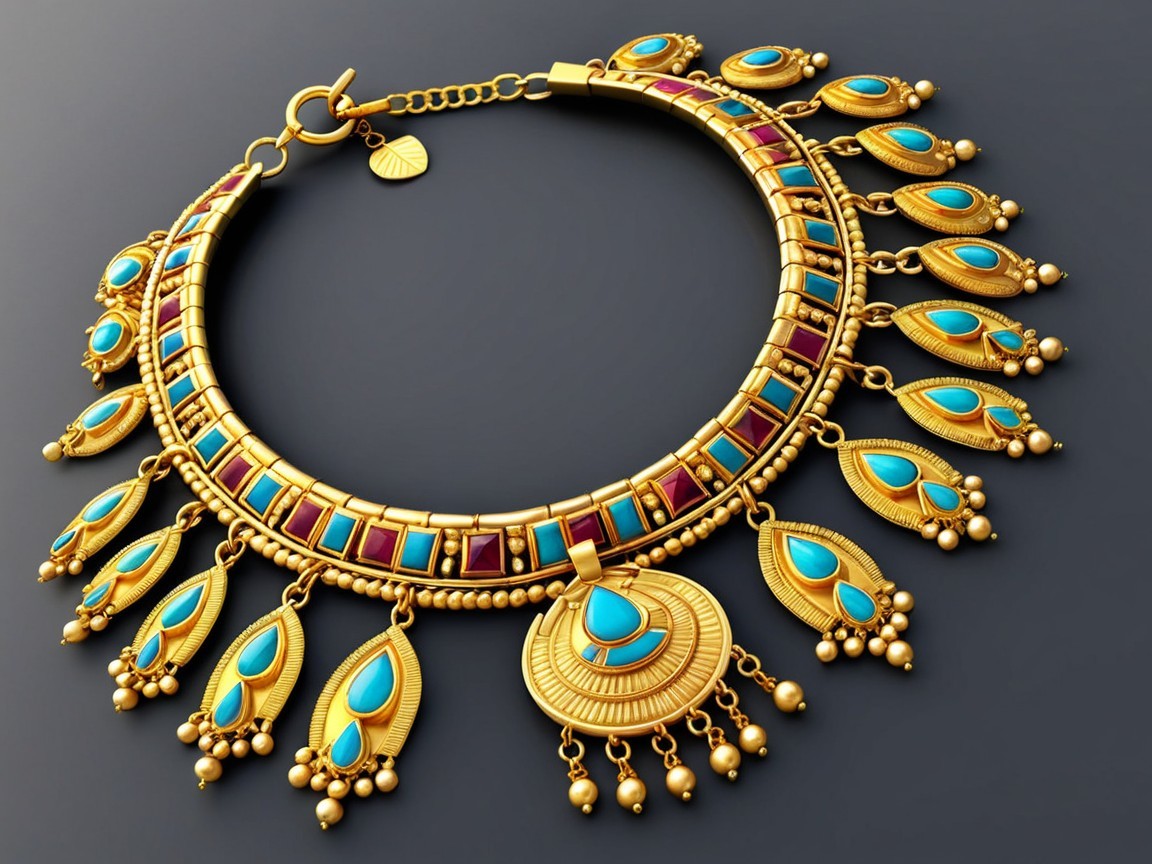 Vibrant Gold Necklace with Turquoise and Red Stones