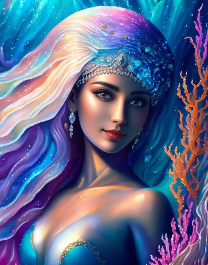 Mermaid with Iridescent Hair in Underwater Scene