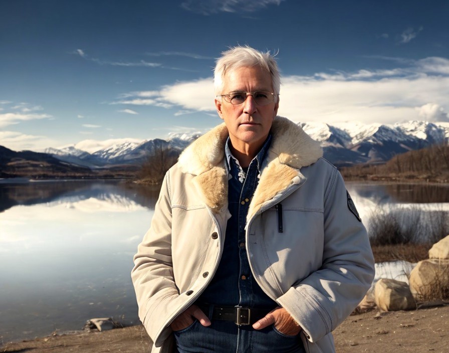 Man by calm lake with snow-capped mountains reflection