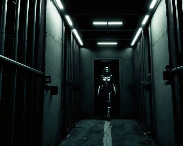 Futuristic Corridor with Humanoid Figure in Armor