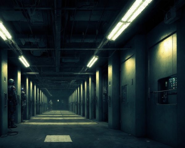 Dimly Lit Corridor with Futuristic Figures and Doors