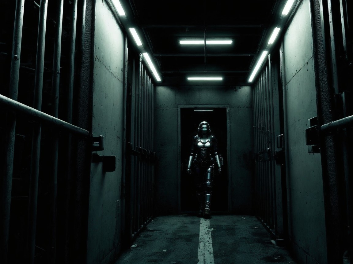 Futuristic Corridor with Humanoid Figure in Armor