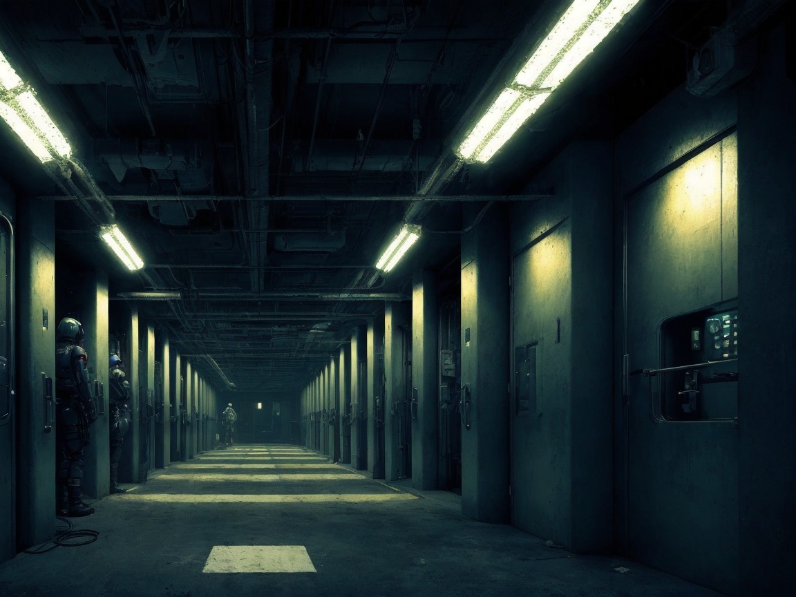 Dimly Lit Corridor with Futuristic Figures and Doors