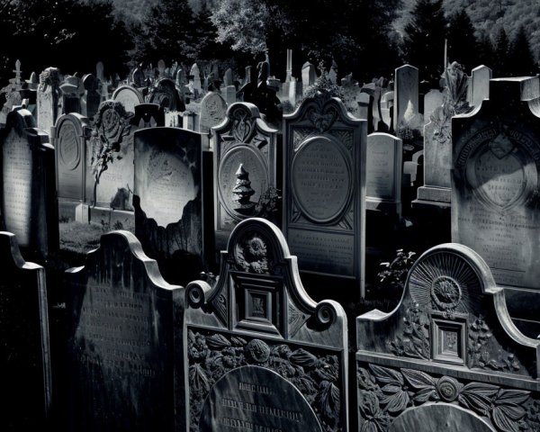 Monochrome Graveyard Scene with Ornate Gravestones