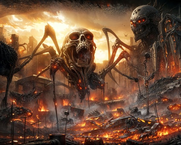 Dystopian Landscape with Fiery Destruction and Spiders