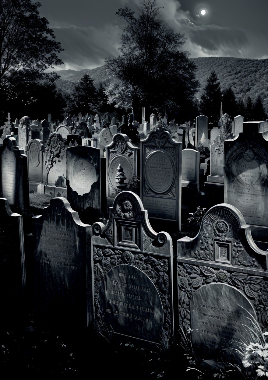 Monochrome Graveyard Scene with Ornate Gravestones