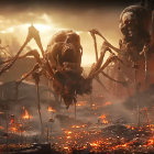 Dystopian Landscape with Fiery Destruction and Spiders