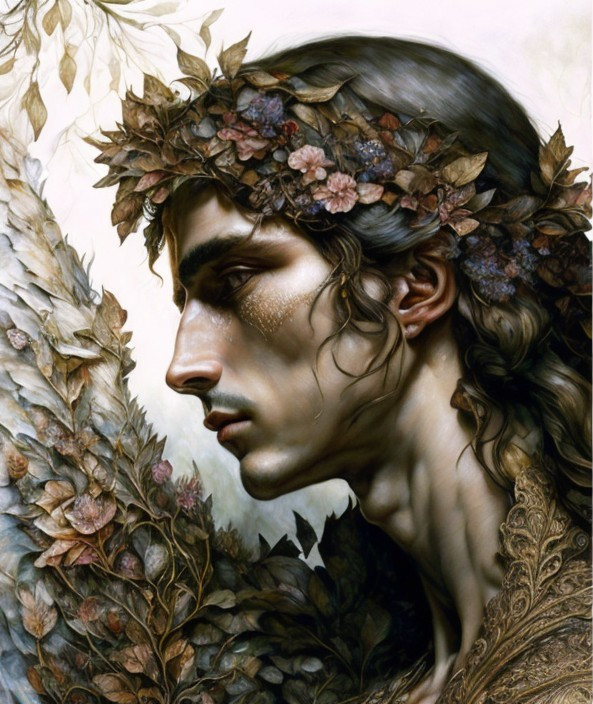 Ethereal Figure with Crown of Leaves and Flowers