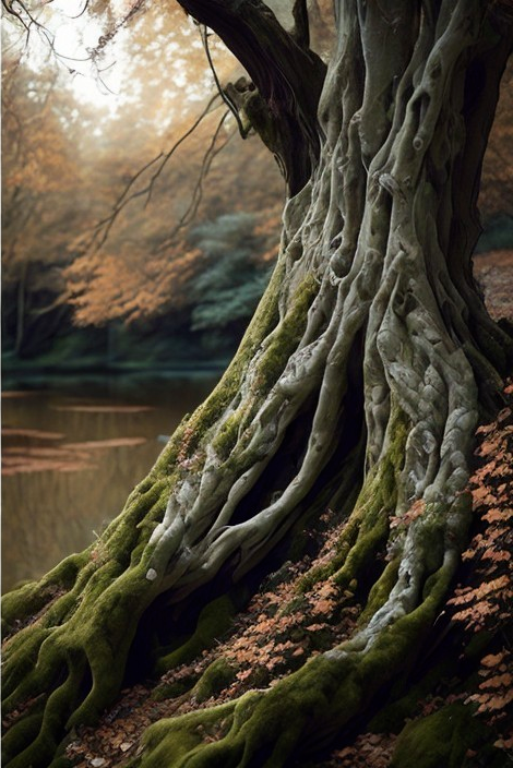 Ancient Tree by Tranquil Pond with Autumn Foliage