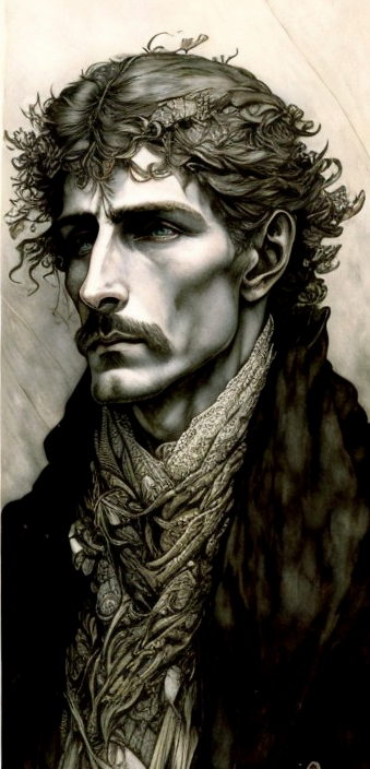 Stylized Portrait of a Man with Wavy Hair and Scarf