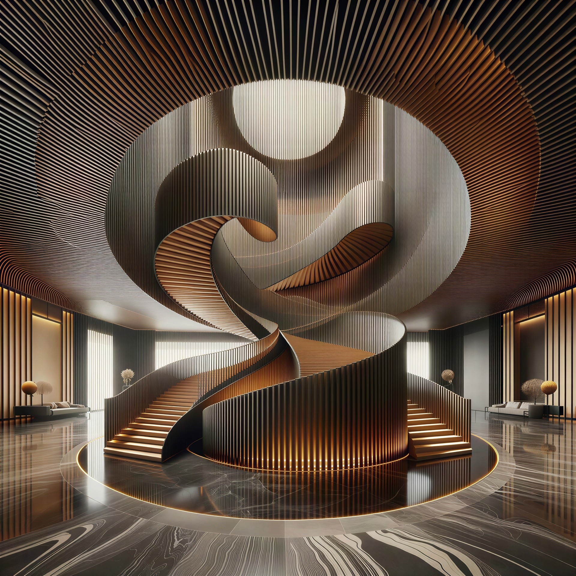 Opulent Spiral Staircase in Grand Hall with Skylight