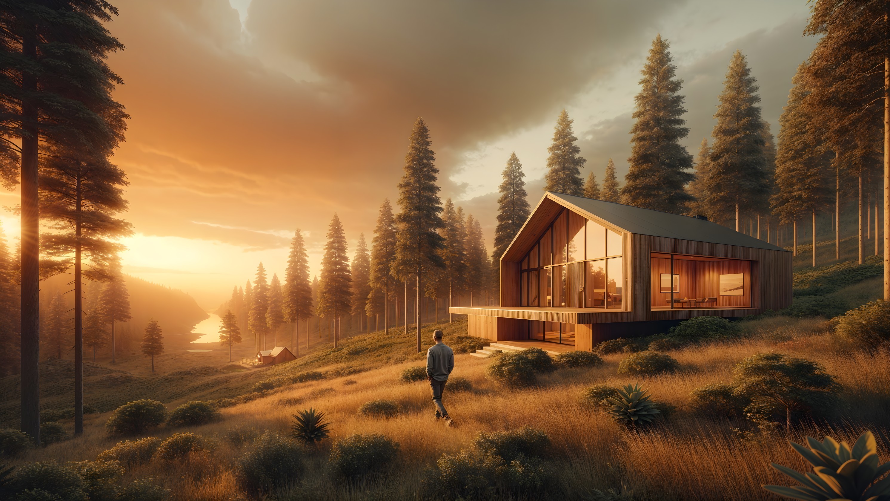 Modern Wooden House on Hillside at Sunset