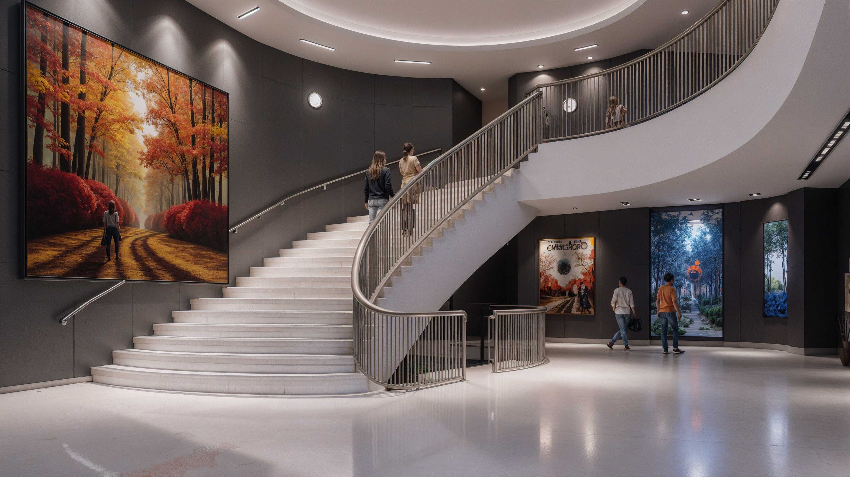 Modern Atrium with Spiral Staircase and Artworks