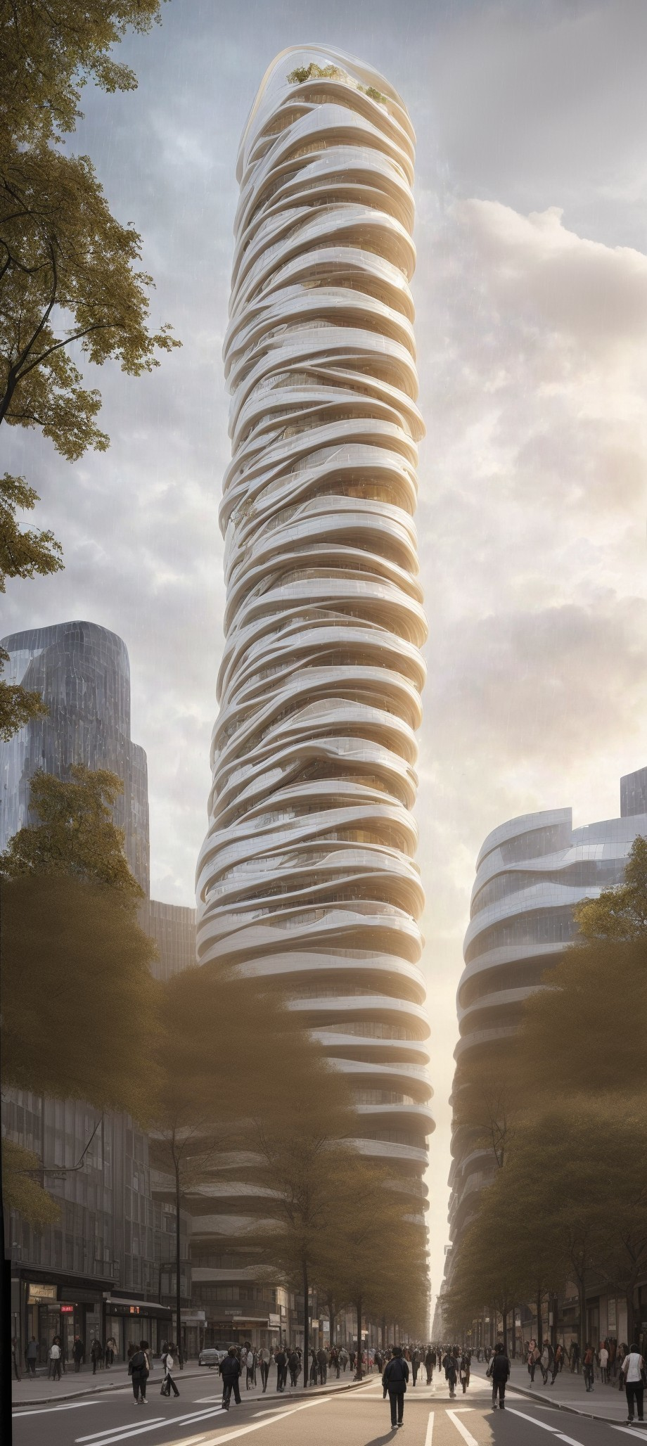 Futuristic Skyscraper with Twisting Ribbon Design