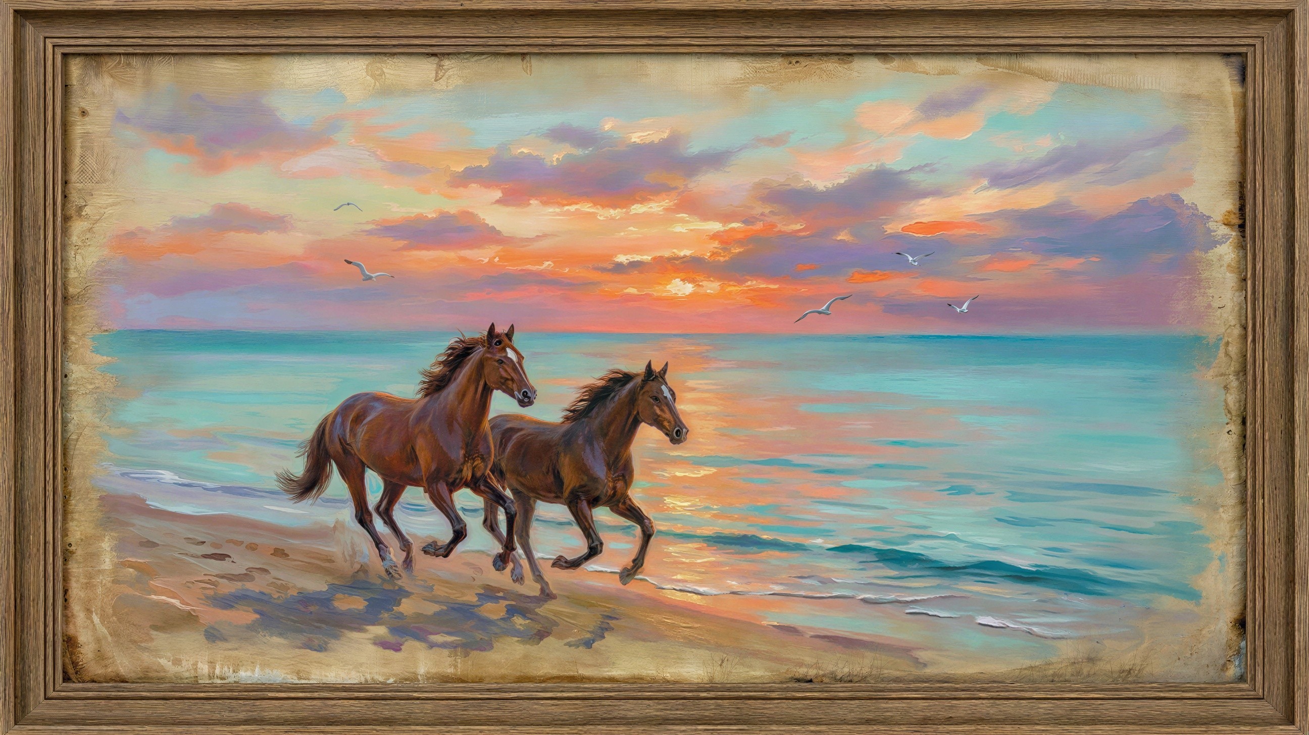 Landscape Oil Painting of Horses by Ocean Sunset